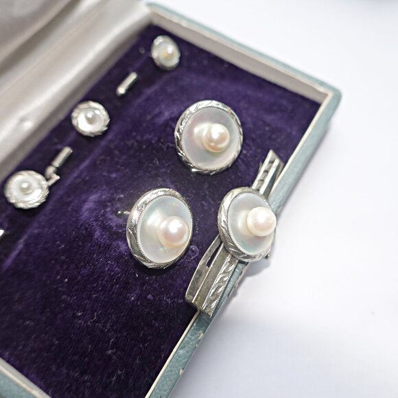 Art Deco Sterling Cultured Pearl Cufflinks Studs Tie Bar - Picture 1 of 4